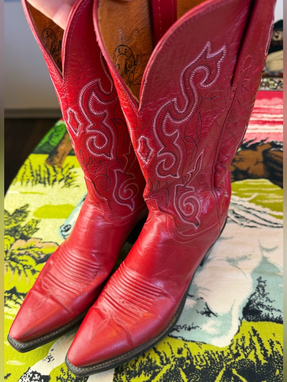 Vintage Lucchese 1883 Red Leather Cowboy Boots Snip-Toe Women's Size 8-8.5 - Picture 12 of 17
